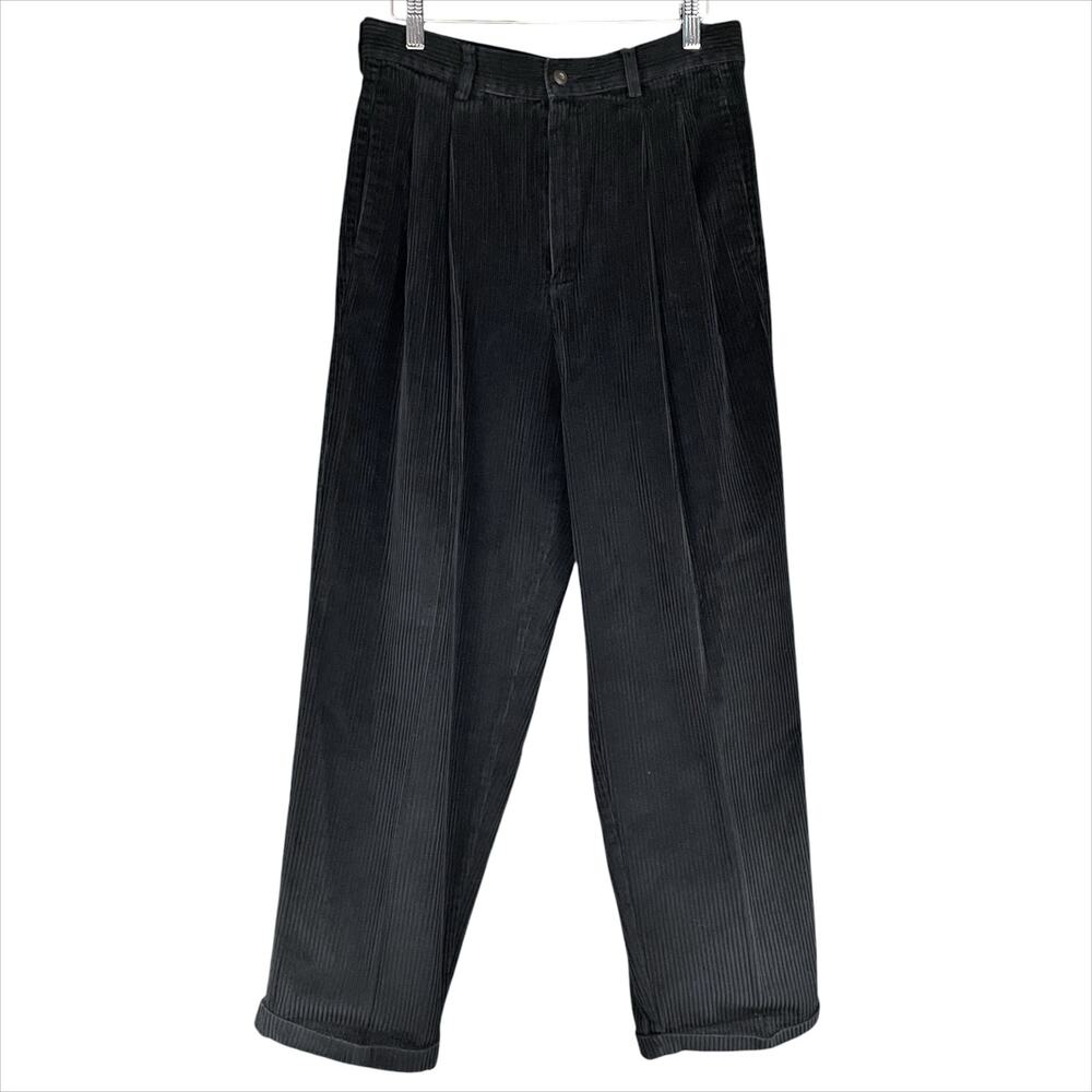 EDDIE BAUER Vintage 90s High-Rise Pleated Black Corduroy Trousers Size 12 Petite